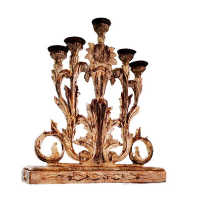 18th century Italian Baroque hand-carved wood candelabra with six arms, acanthus leaf scrollwork, sunflower rosette, and original gilded patina, circa 1770