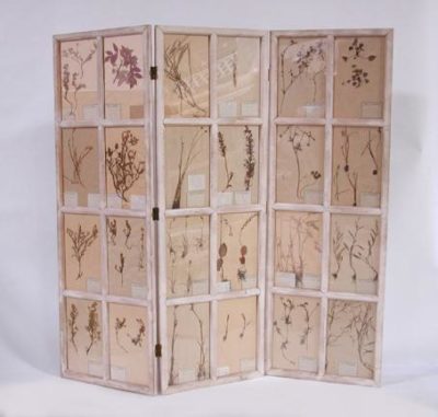 Three-panel wood and glass screen