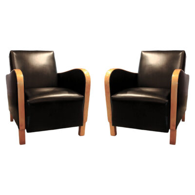 Art Deco Swedish Club Chairs - Set of 2, Black Leather
