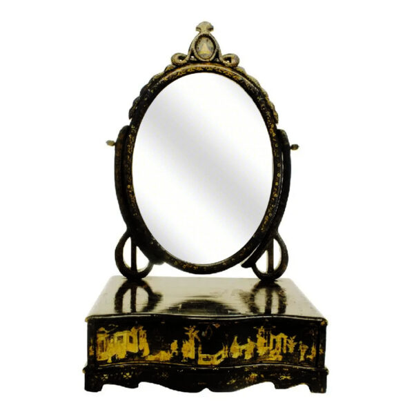 Studio Shot of a black and gold chinoiserie lacquered, serpentine front, dressing table mirror