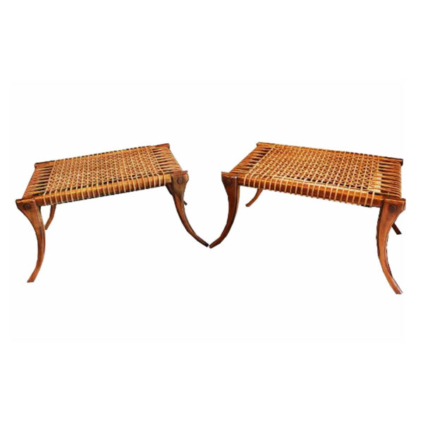 Elegant Pair of Saber Leg Stools with Leather Cross Bondings. Modern