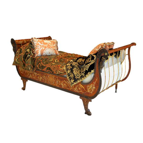 Empire polychrome decorated and parcel-gilt iron day bed