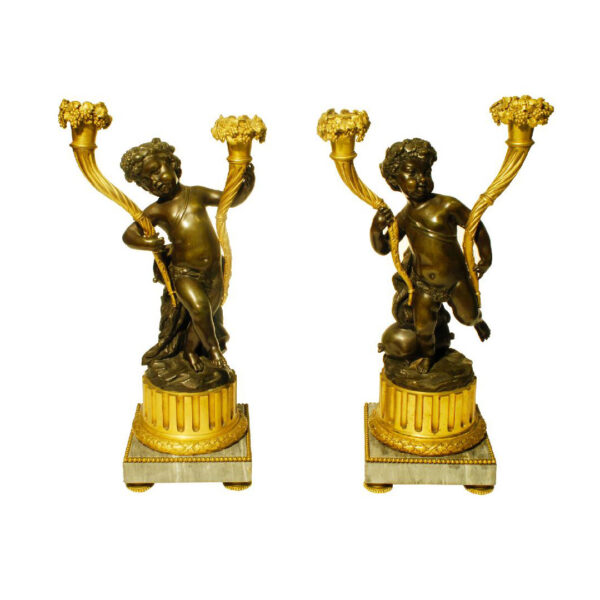 French Ormolu, Patinated Bronze Two-branch Candelabras - Set of 2