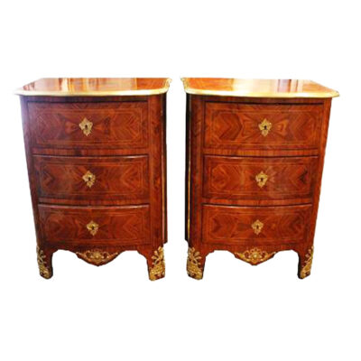 French Veneered 3-Drawer Commodes with Ormolu Mount - Set of 2