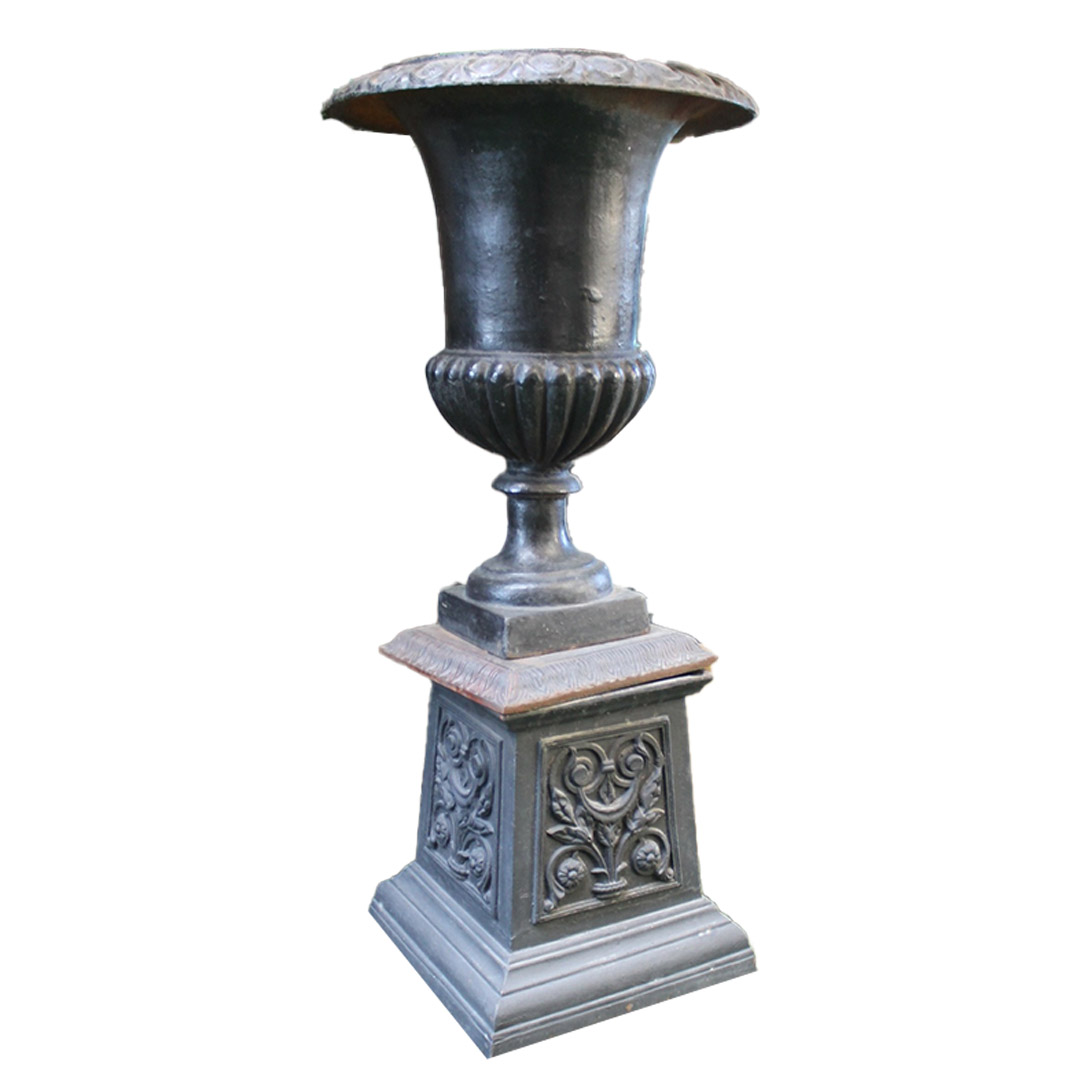 Cast Iron Urns on Pedestals, Circa 1930- Set of 2