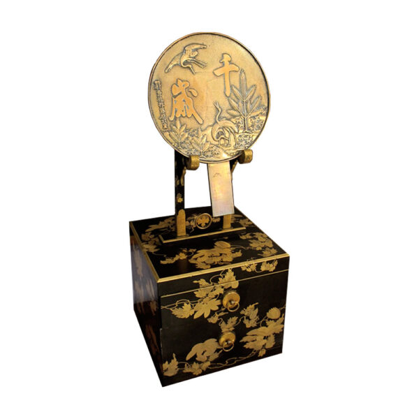Japanese Black & Gold Lacquer Vanity Box & Mirror Stand