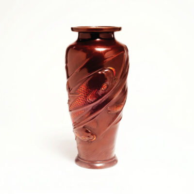 Japanese 20th century patinated bronze baluster vase with deep oxblood patina and high-relief koi carp swimming through stylised water currents, 11¼ inches