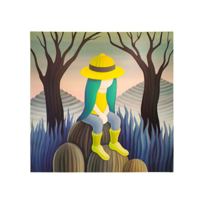 Original acrylic on canvas painting by Jordi Ribes titled The Viewer with Green Hair, 2021, depicting a faceless figure in a yellow hat and neon boots seated on rocks in a surreal jewel-toned landscape with bare trees and blue grass