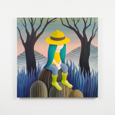 Original acrylic on canvas painting by Jordi Ribes titled The Viewer with Green Hair, 2021, depicting a faceless female figure with teal hair in a yellow hat and bodysuit seated on rocks in a jewel-toned surrealist landscape with bare trees, blue-black grass, and pale mountains, 78 by 78 inches, signed by the artist