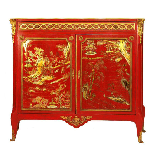 Louis XVI-style Chinoiserie Painted Side Cabinet with Marble Top