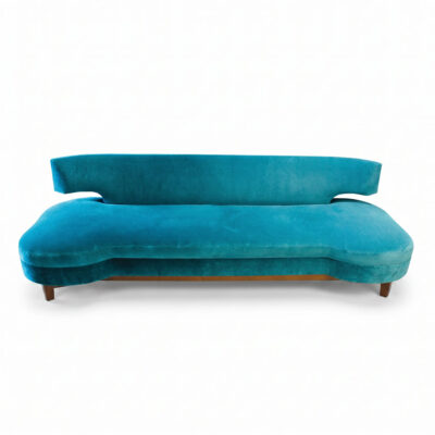 Monumental contemporary biomorphic turquoise velvet sofa with floating backrest, organic asymmetric seat, and tapered walnut legs, in the manner of Adrian Pearsall, over nine feet long