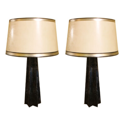 Murano-Style Black Glass Lamps With Silver Rimmed Shades