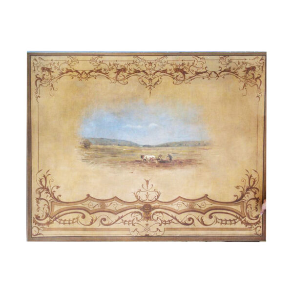 Oil on canvas painted panel featuring a countryside scene of a man with an ox, with an arabesque scroll design