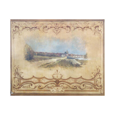 Oil on Canvas Painted Panel, Featuring a Town & Steeple