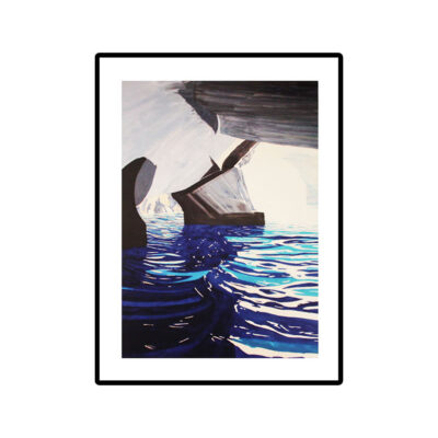 Original framed watercolor painting by William Stanisich titled Kleptiko 2013 #1, depicting the sea caves of Milos Greece with deep blue water, rock formations, and dramatic light, signed and dated 2013