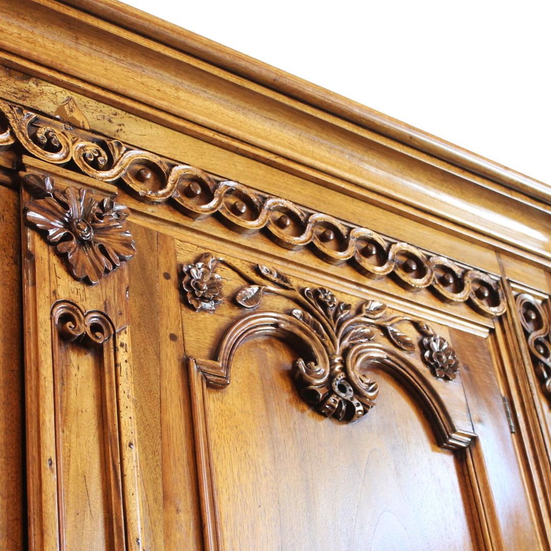 Oversized French Walnut Bureau close up of carved detail