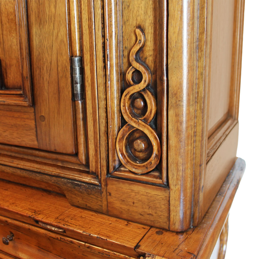 Oversized French Walnut Bureau close up of carving in high relief on corner of desk