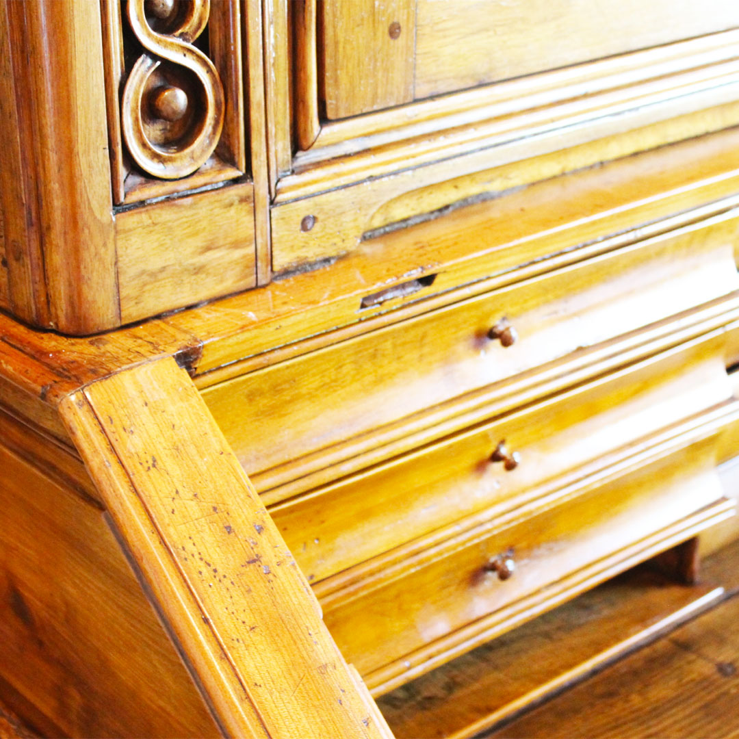 Oversized French Walnut Bureau close up of center compartments