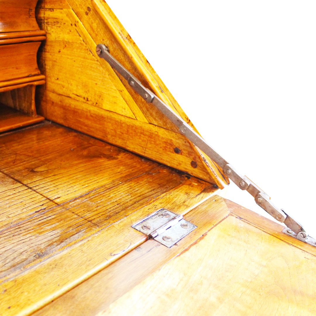 Oversized French Walnut Bureau close up of hinged desk top
