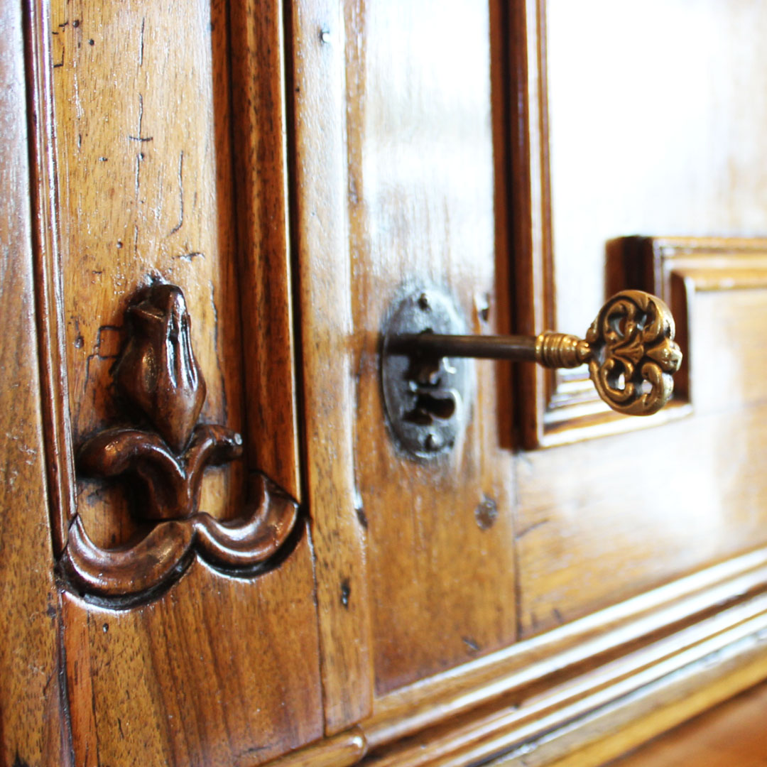 Oversized French Walnut Bureau close up of key in lock