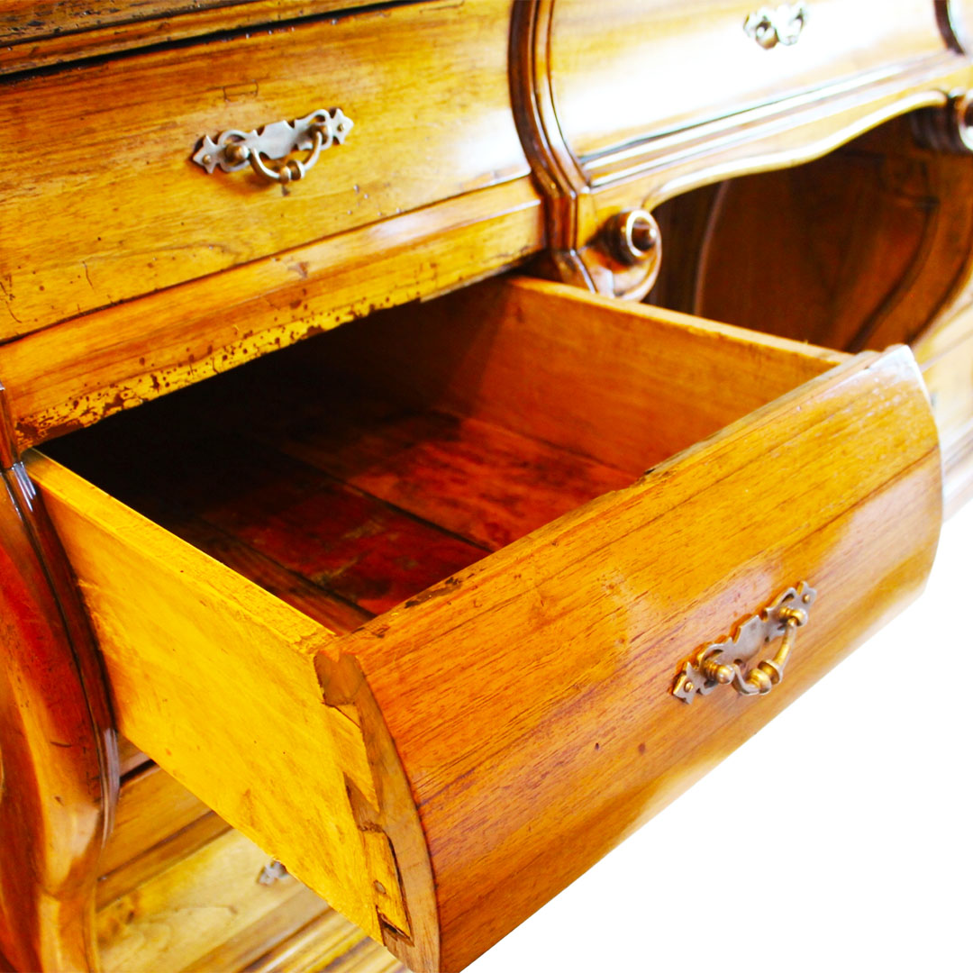Oversized French Walnut Bureau close up profile of an open drawer