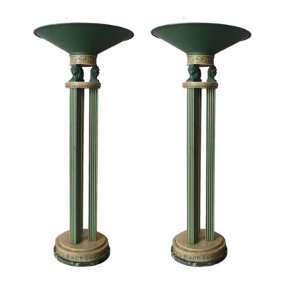 Pair of Neoclassical Egyptian Revival paint-decorated athéniennes with green and gilt fluted columns, caryatid female busts, hieroglyphic frieze, verde marble base, and wide tole basin