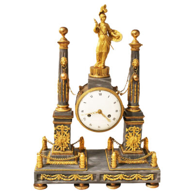 Studio Shot of Portico Clock, Louis XVI Ormolu-mounted with Bleu Turquin Marble