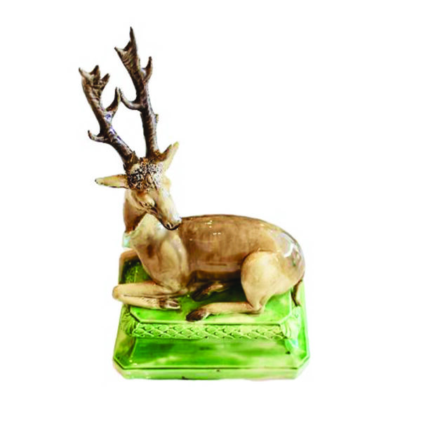 Staffordshire Pearlware Model of a Stag Seated on a Waisted Green-Washed Rectangular Base