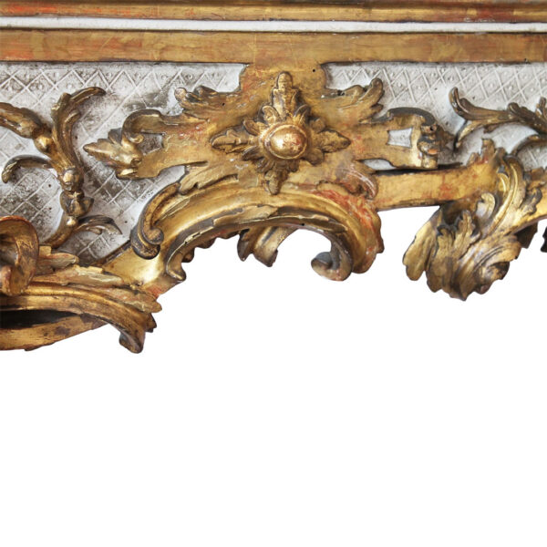 Venetian Rococo Giltwood Console Table close up of front foliate scrolls