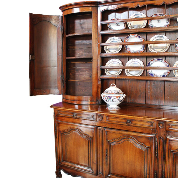 antique walnut buffet close up with open cabinet door