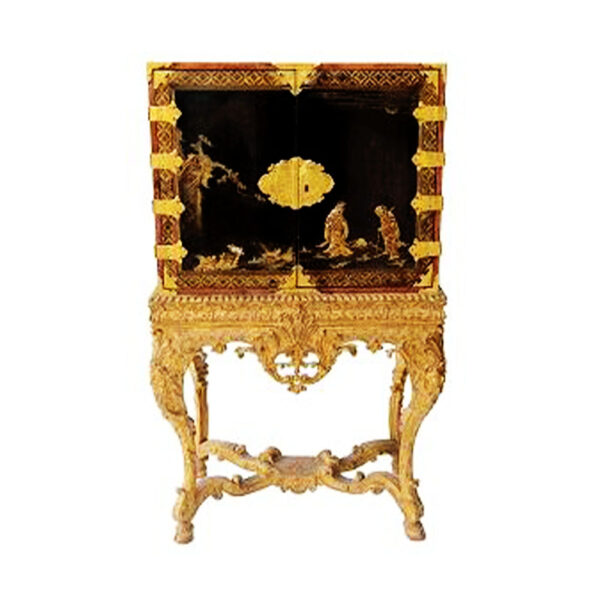 The stand - Circa 1725 and the lacquer cabinet - late 17th/early 18th Century. Decorated overall with figures in a landscape and doors opening to drawers. The cabriole legs are headed by masks on hairy hoof feet. Measures H55" x W32 1/2" x D19 1/2".